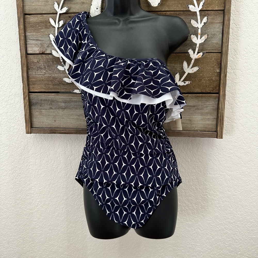Gottex Profile navy one shoulder ruffle‎ built in bra swimsuit one piece 12 NWT